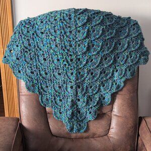 hand crocheted shawl beautiful variegated yarn, soft elegant generous 60" across